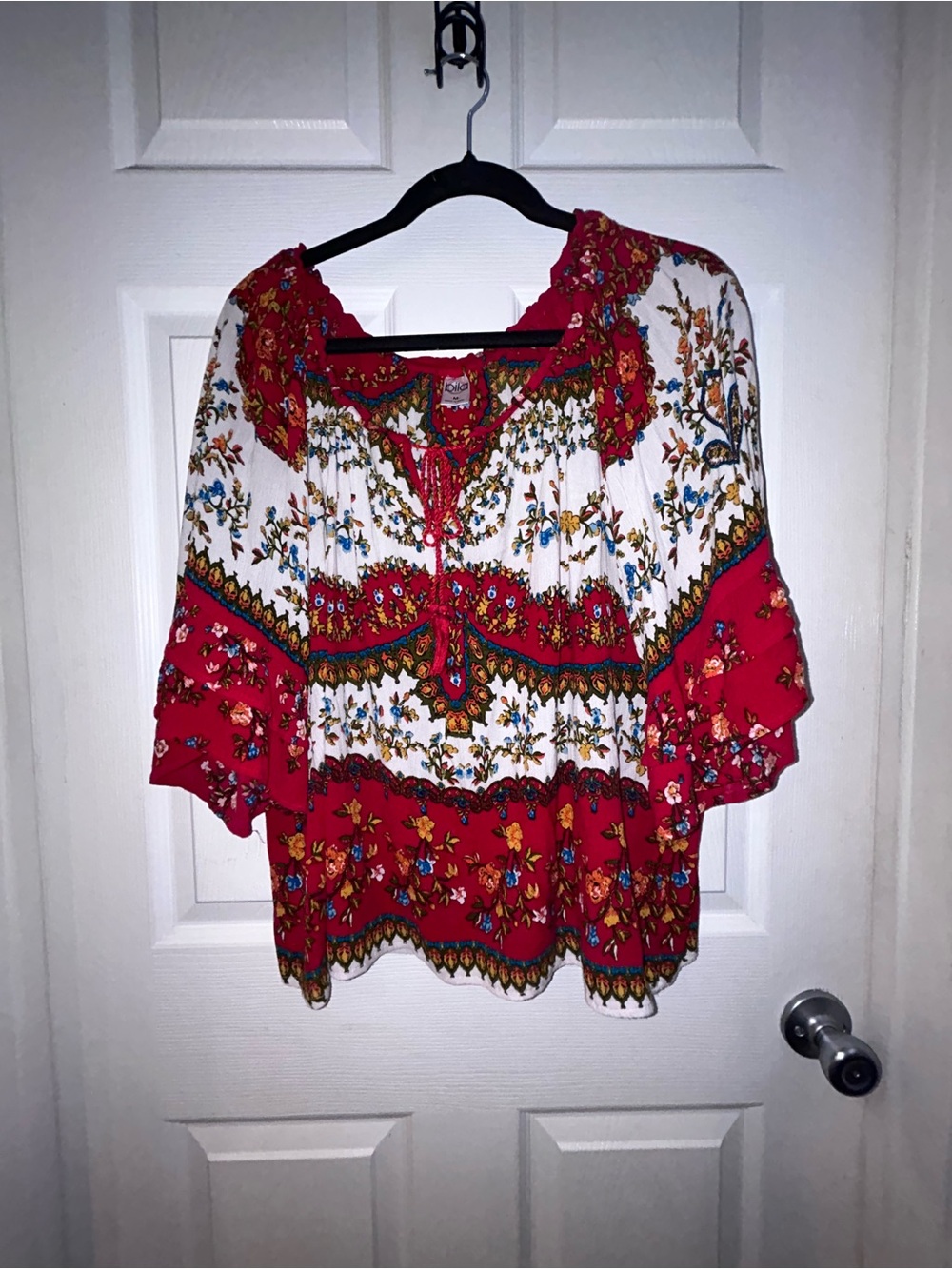 Bila Red and White Floral Boho Peasant Top
